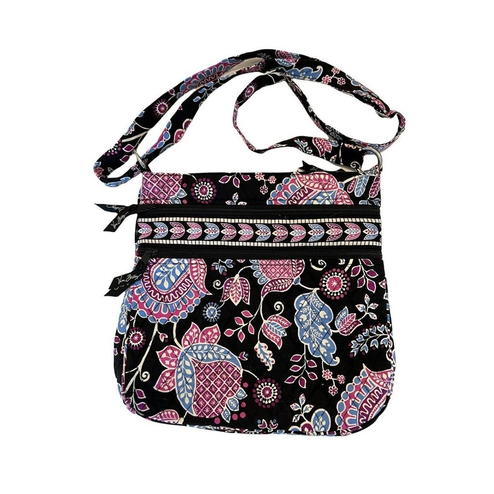 Vera Bradley Crossbody Alpine Floral Bag Black Purple Blue Double Zip Front